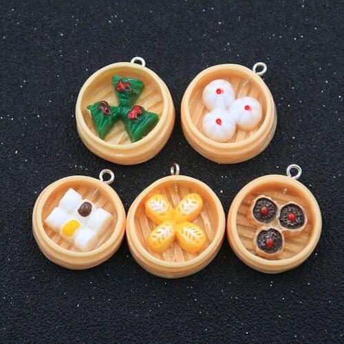 5Pcs 5 Styles 3D Steamed Dumplings Charm Food Resin Pendants For DIY Jewelry Accessory Material Finding