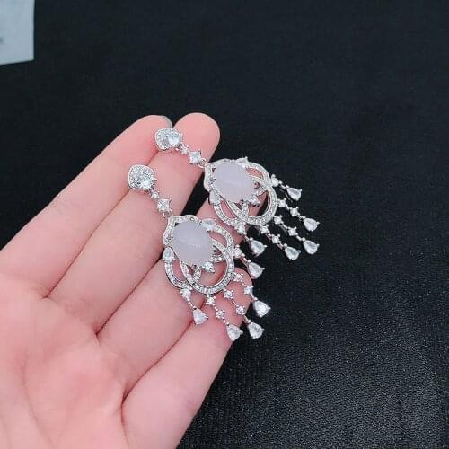 New Luxury Tassel Earrings Europe America Fashion Exaggeration Jewelry Inlay Green Natural Stone Zircon For Women Wedding Party