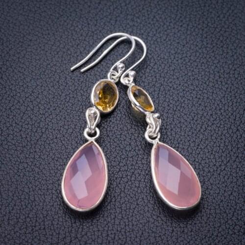 StarGems Natural Rose Quartz And Citrine Handmade 925 Sterling Silver Earrings 2" E1122