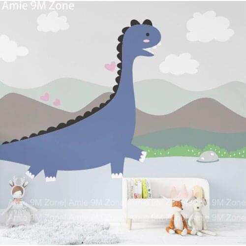 Blue dinosaur art for kids wall paper decoration boy bedroom household wall art cute and funny cartoon design in customers size