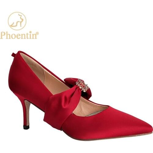 Phoentin 2021 Silk Wedding Heels Removable Ribbon Decoration Crystal Shoes Bride Lady Pumps Hot Three Style Footwear Red FT1357