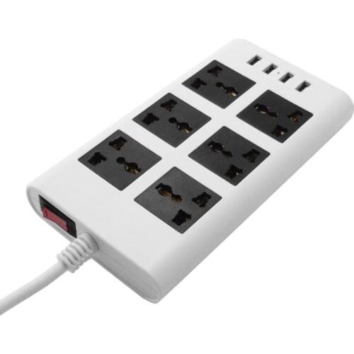 Power Strip Flat 6-Port Universal Sockets EU/UK/US Plug with 4 USB Charger Port 2500W Surge Protections Circuit Breaker