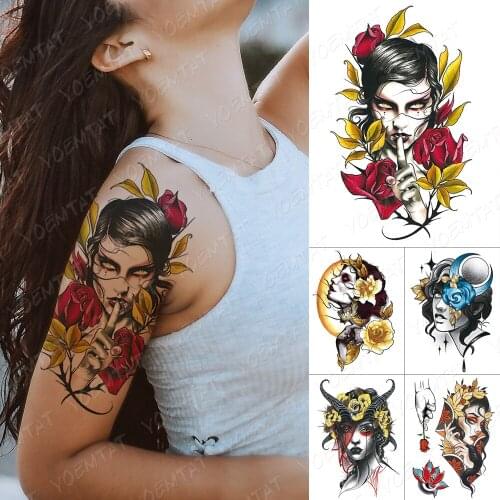Waterproof Temporary Tattoo Sticker Beauty Girl Portrait Rose Leaves Flash Tattoos Old School Body Art Arm Fake Tatoo Women Men