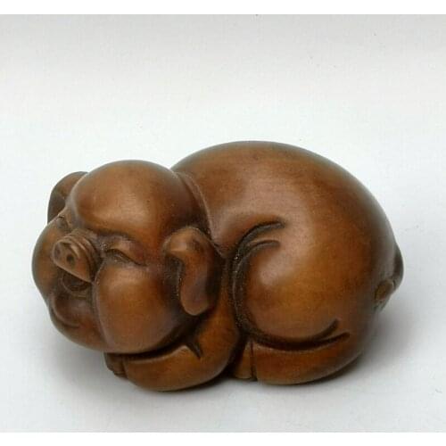 YIZHU CULTUER ART Collection China Old Boxwood Hand Carved Lovely Pig Statue Paperweight Family Decoration