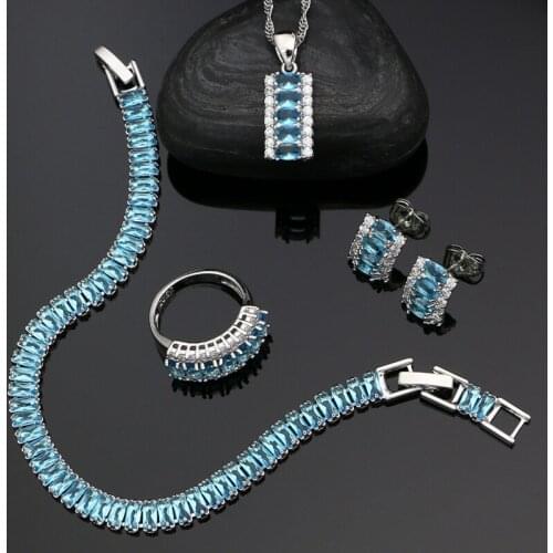 925 Sterling Silver Jewelry Sets Sky Blue Stones White Cubic Zirconia Stud Earrings Pendant Ring Bracelet Necklace Sets