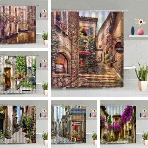 Colorful Street Alley Shower Curtain Europe Garden Plant Flowers Scenery 3D Printed Bathroom Hanging Curtains Screen Home Decor
