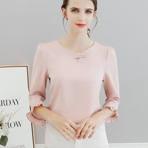 Spring Summer Women Ruffles Sleeved Chiffon Blouse Korean Fashion Elegant Solid Slim Female Office Lady Shirts Tops Button