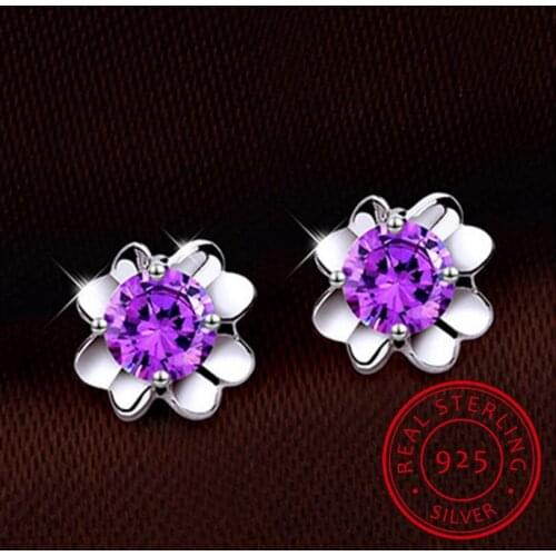 925 Sterling Silver White/Purple Zirconia Good Luck Clover Stud Earring For Women Gift pendientes oorbellen boucle d'oreille