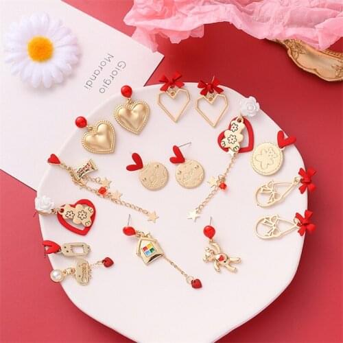 New Red Sweet Gold Alloy Imitation Pearl Heart Bows Dangling Earring Women Fashion Accessories Trends 2021 Style Gift Cool Stuf