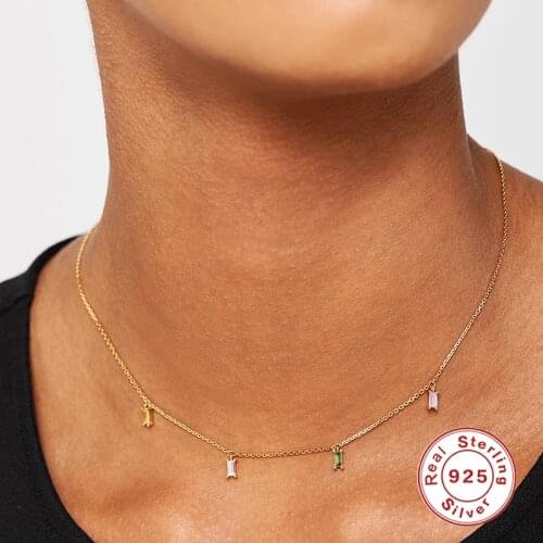 CANNER Real 925 Sterling Silver Necklace for Women Color Square Diamond Clavicle Chain Choker Necklaces Jewelry Collares Gifts