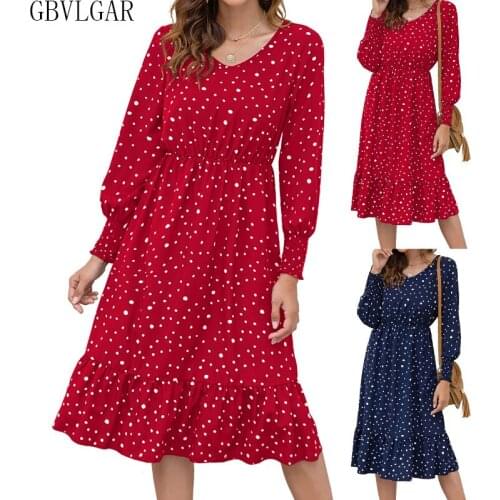 Women Long Lantern Sleeve V-neck Tunic Midi Dresses Female Vintage Polka Dots Print Long Dress Autumn Dress Vestidos 2021 Robe