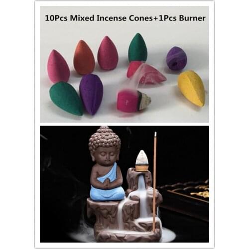 10Pc Incense Cones + Burner Creative Home Decor The Little Monk Small Buddha Censer Backflow Incense Burner Home Office Teahouse