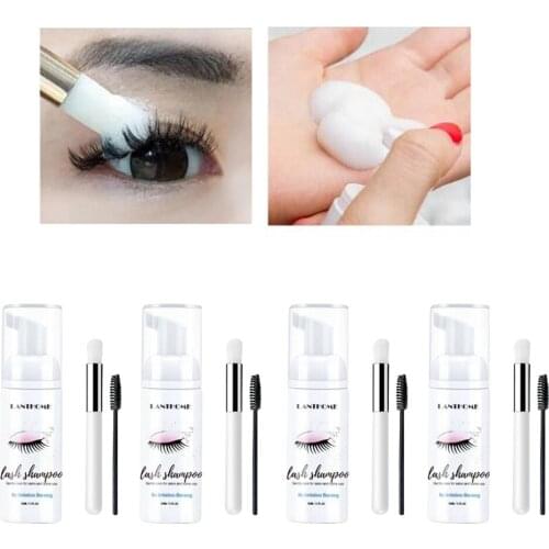 4x Eyelash Extension Shampoo 50ml Lash Eyelid Foam Cleanser for Home Salon Extension Remover Shampoo Brush No Stimulation Clean