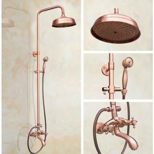 Antique Red Copper Brass Dual Cross Handles Bathroom 8 Inch Round Rain Shower Faucet Set Tub Mixer Tap Hand Shower mrg501