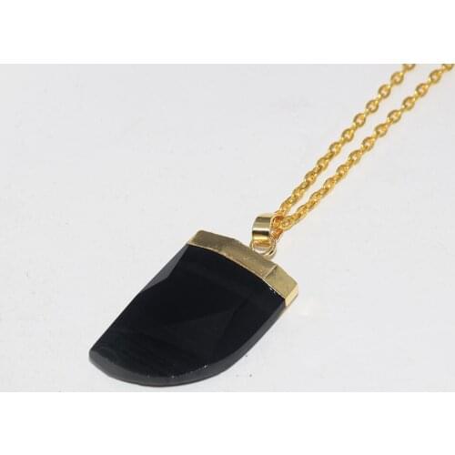 Big Natural Black Obsidian Gold Healing Pendant Necklace Homme 2019 Long knife Face Polish gem stone moon pendant necklace men