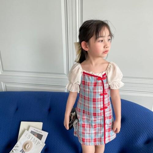 Kids girls Chinese cheongsam dress summer plaids checkered princess puff sleeve button vestidos party mesh patchwork 2 to 10 yrs