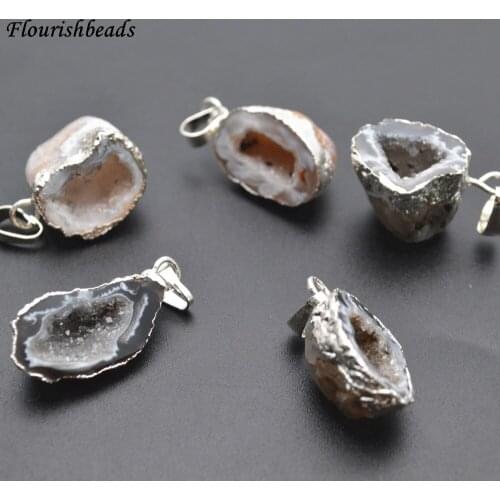 Silver Color Natural Geode Druzy Agate Small Nugget Pendant Cornucopia Fengshui Jewelry