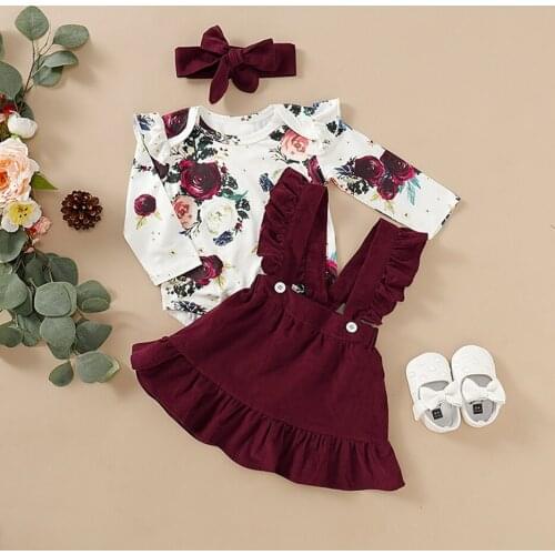 3-piece Baby Girl Clothes Toddler Floral Print Bodysuit Suspender Headband Set Newborn Infant Baby Girls Ruffled Sunflower