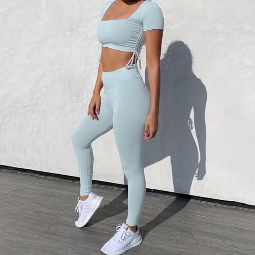 2PCS High Quality Simple Slim Two Piece Set Women Drawstring Square Collar Tees + High Waist Leggings Casual Elastic Sport Set