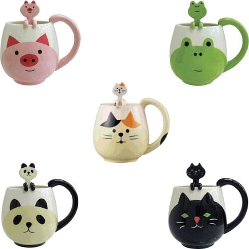 12 oz Cat Mug and Spoon,Fox/Panda/Pig/Bear/Frog Mug,Cute Animal Mug For Milk,Coffee,Drinking Water
