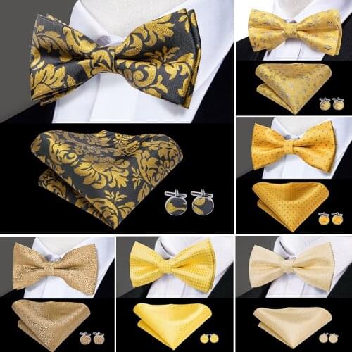 LH-738 Hi-Tie Luxury Gold Silk Bow Ties for Men Fashion Wedding Party Gold Bowtie Handkerchief Cufflinks Set Mens Ties