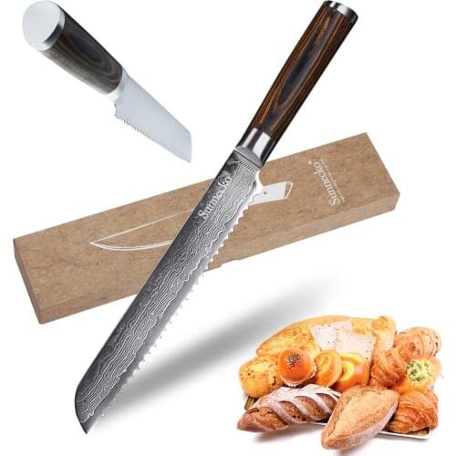 SUNNECKO Chef Bread Cake Knife Kitchen Knives 8" Cutter Tools Japanese Damascus VG10 Steel Blade Razor Sharp Color Wood Handle