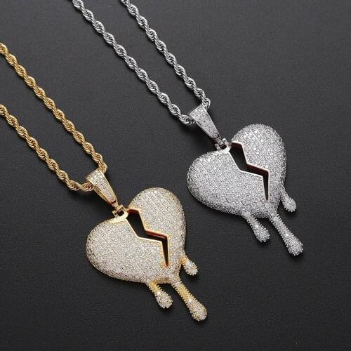 Hip Hop Iced Out CZ Stone Bling Broken Heart Pendants Necklace for Men Women Rapper Jewelry Gold Color Drop Shipping