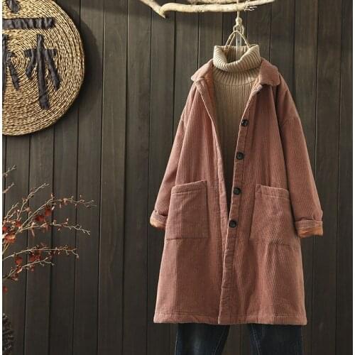 Women Corduroy Parkas Long Sleeve Winter Thick Cotton-Padded Big Pocket Oversize 2021 New Spring Autumn Casual Outerwear Female