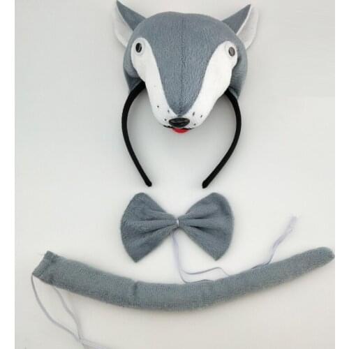 Adult Kids Grey Animal 3D Wolf Fox Headband Bow Tie Tail Set Coplay Costume Props Carnival Party Xmas Halloween Christmas