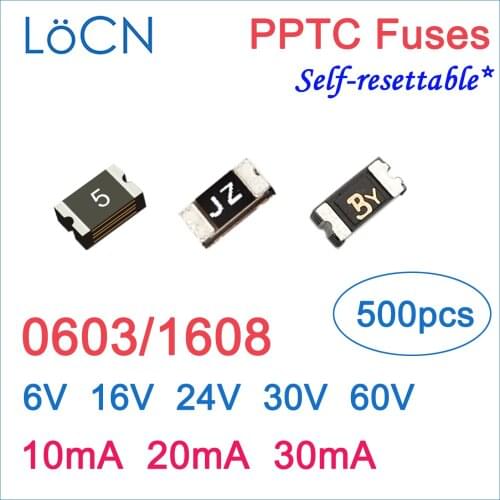 Fuses PPTC 0603 1608 10mA 20mA 30mA 0.01A 0.02A 0.03A 6v 24v 60v SMD self Resettable Made in china high quality LoCN ptc 500pcs