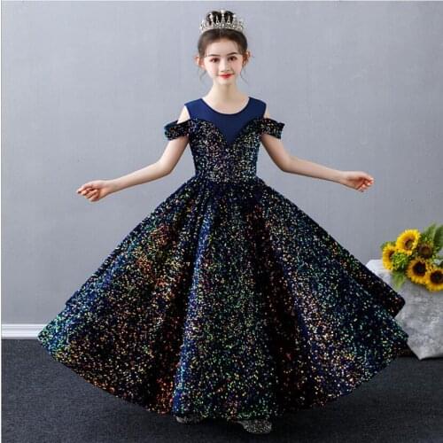 Luxury Formal Evening Party Dresses Sparkly Sequins Tulle Princess Gown Girls Long Wedding Flower Girl Junior Bridesmaid Clothes