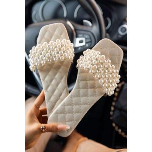 LazySea 2021New String Bead Flip Flop Women Flat Heel Slippers Luxury Pearl Design Slides Plus Size 43 Shoes