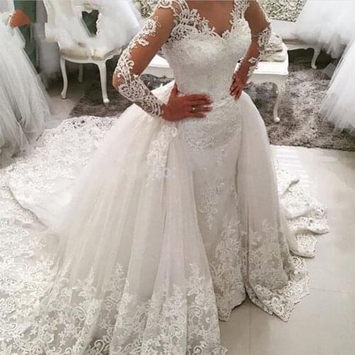 Full Sleeve Appliques Wedding Dress Detachable Train 2 In 1 Bridal Gown Vestidos De Noivas Luxury Mermaid Bride Dresses 2020