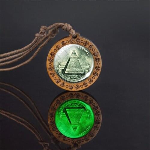All Seeing Eye Luminous Wooden Necklace Eye of Providence Wood Carved Pendant Vintage Ropechain Necklace Pyramid Glowing Jewelry