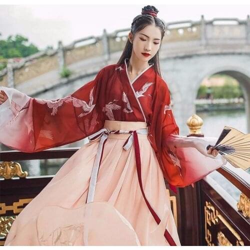 Vintage Hanfu Summer Clothes Sets Women Dress Gradient Maxi Dress Students Sweet Clothes Costume Chinese Style Loose Dress+skirt