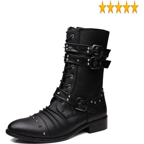 High-Top England Style Shoes Fashion Men Rivet Zip Pointed Toe Leather Ankle Top Quality Motorcycle Boots Chaussure Homme