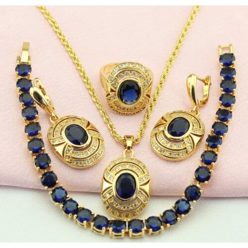 WPAITKYS Oval Blue Cubic Zirconia Gold Color Jewelry Sets For Women Turkish Jewelry Earrings Pendant Ring Bracelet Free Gift Box