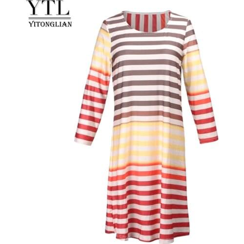 YTL Long Sleeve Color Gradient Stripe Round Collar Simple Plus Size Loose Daily Female Dresses W007