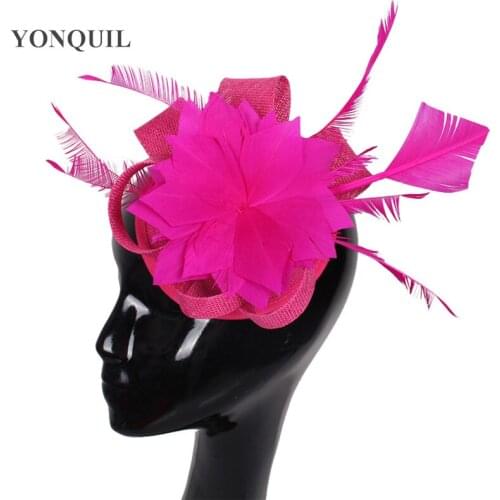 Hot Pink Hair Clips Fascinator with Feather Imitation Sinamay Fascinators Hats Women Wedding Occasion Hats High Quality 17Colors