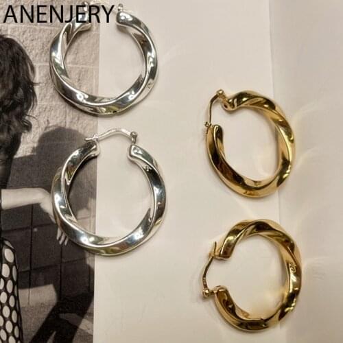 ANENJERY 925 Sterling Silver Metal Corrugated Twist Large Circle Hoop Earrings For Women Glossy Concave Earrings S-E132