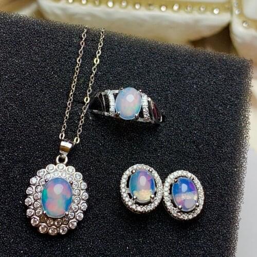 Fashion Gemstone Jewelry Set for Daily Wear 100% Natural Opal Ring Opal Earrings Opal Pendant 925 Silver Opal Jewelry