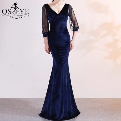 QSYYE Navy Velvet Evening Dress Mermaid Long Party Dress Elastic Long Sleeves Transparent Formal Dress Beading V Neck Party Gown