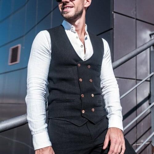 Men Vest V Neck Wool Blended Double Breasted Black Solid Color Waistcoat Slim Fit For Formal Casual Business Vest Clothing