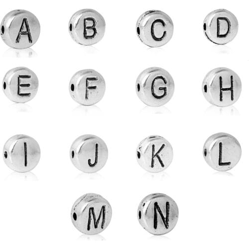 7mm A to N Letter Spacer Beads Flat Round Silver Color Alphabet/Letter Metal Beads DIY Making Bracelets Jewelry Findings,100PCs