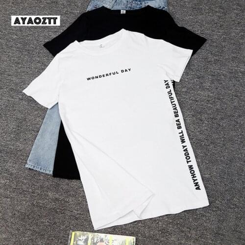 AYAOZTT Summer T-Shirt Women Side Split Sexy Long T shirt Women 2020 New Letter Print Black White Cotton Harajuku Tops