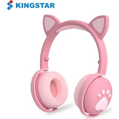 KINGSTAR Cute Cat Ear Wireless Bluetooth Headphones with Mic LED Glowing Earphones Headsets for Girls Kids Gifts Mobile Phone PC