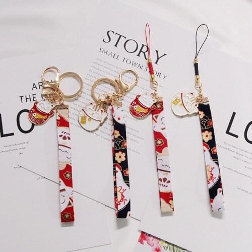 Lucky Kawaii Cat Ceramics Maneki Neko Fortune Cat Sakura Keychain Key Chain Car bag Pendent Mobile Accessories Women keyring