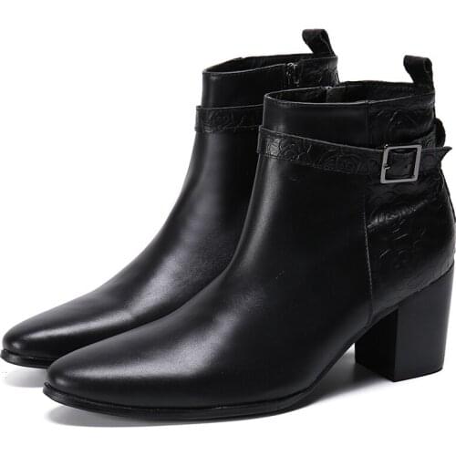 Christia Bella Male Plus Size Pointed Toe Short Boots Classic Mens Genuine Leather Zipper Heighten Boots Man Party Formal Boots