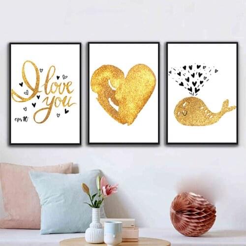 Golden Heart Lovely Whale I love you Letter Decorative Painting Nordic Living Room Hanging Poster Wall Mural Picture