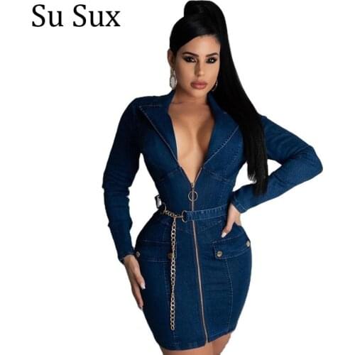 Denim Bodycon Dress Women Jeans V Neck Mini Dress Long Sleeve Zipper Belt Slim Bandage Partyclub Vestidos High Quality 2021